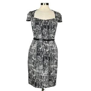 David Meister Womens Black White Graphic Sheath Dress Belted Cap Sleeves size 8